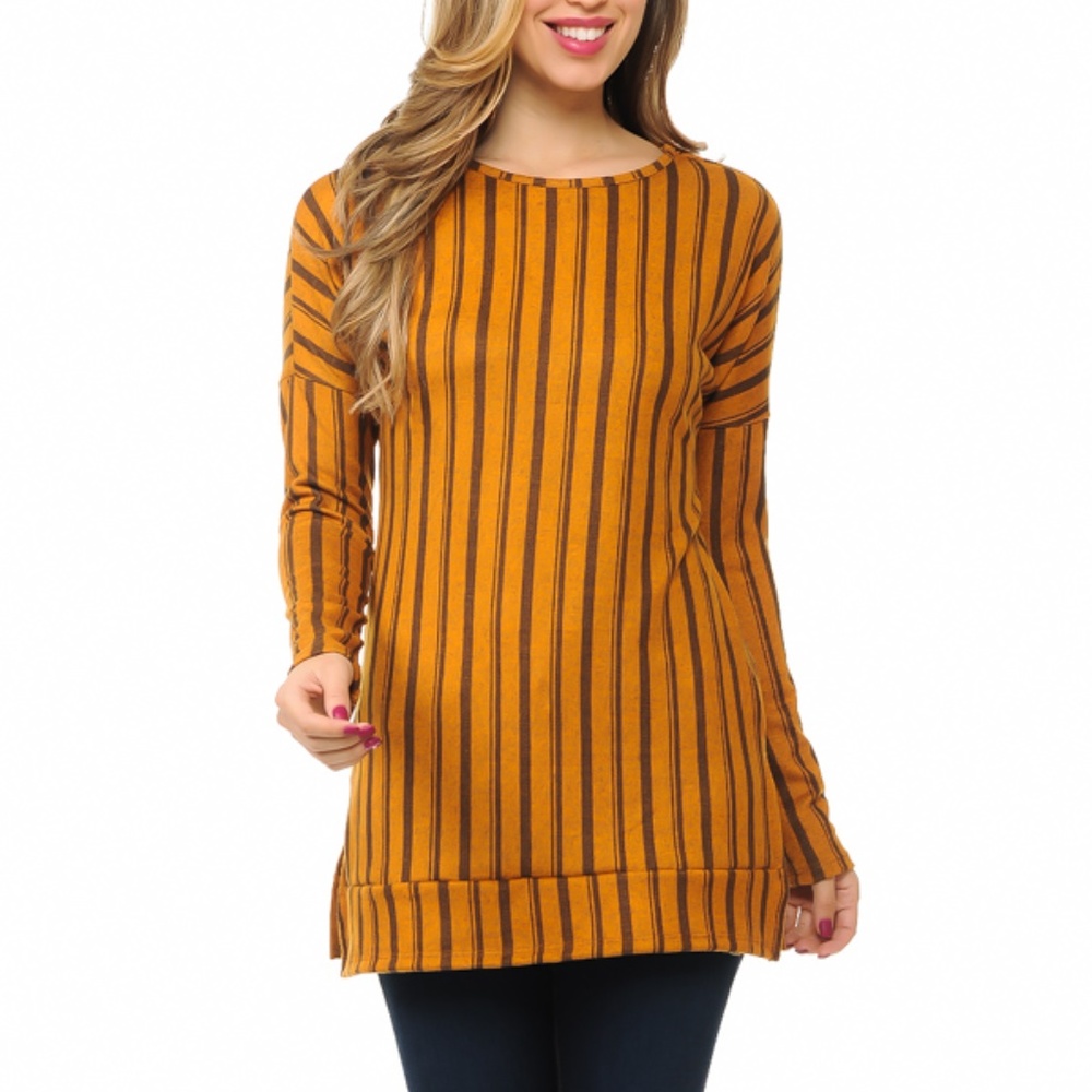 Rust Stripped Long Sleeve Tunic /W Side Slit